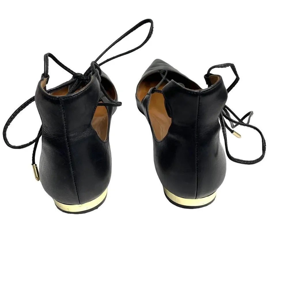 Aquazzura Christy Lace-Up Flats‎ Sz 39 leather black